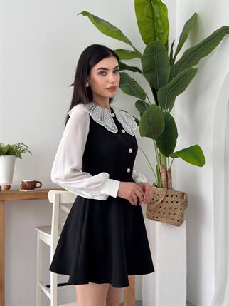 Ravena Dantel Yaka Şifon Kol Detay Mini Elbise