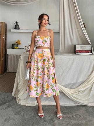 Dalia Çiçek Baskılı Keten Midi Elbise