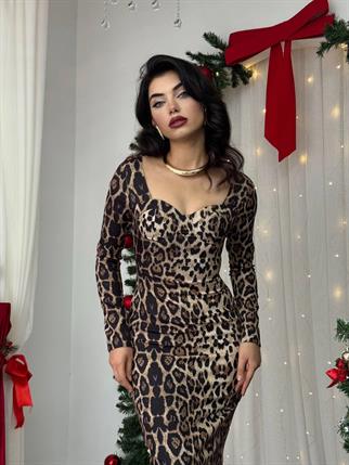 Kalp Yaka Uzun Leopar Elbise