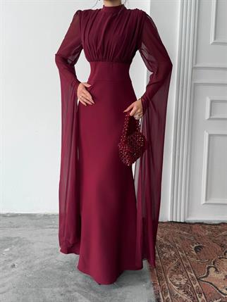 Karen Tül Kol Korsaj Bağlamalı Uzun Elbise