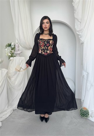 Elfı Çiçek Detaylı Elbise Kod 01041