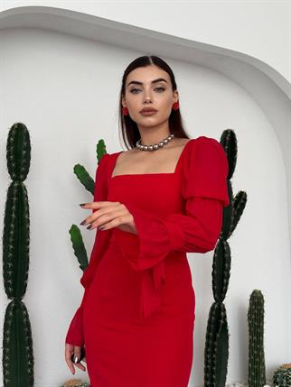 Hare Kolları Fırfır Detaylı Elbise