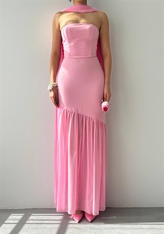 Manen Şal Detaylı Atlas Elbise