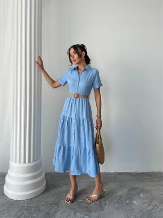 Sofya Keten Kemerli Mİdi Elbise
