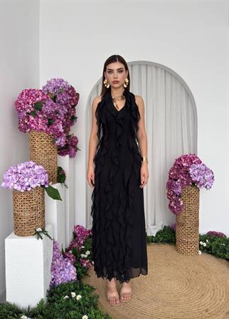 Lotus Şifon Fırfır Detay Uzun Elbise