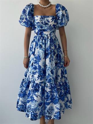 Balon Kol Kiloş Mavi Çiçekli Midi Elbise