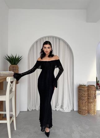 Lumina Dantel Kumaş Açık Omuz Uzun Elbise