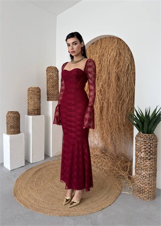 Corina Dantel Detay Balık Model Uzun Elbise Kod 00735