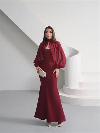 Kalp Yaka Taşlı Tasarım Şifon Elbise Angeline