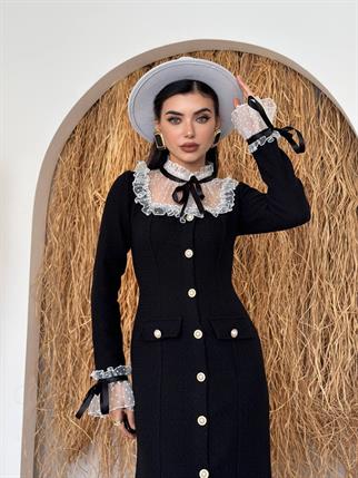 Dali Dantel Cep Detaylı Düğmeli  Elbise