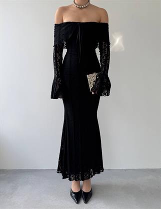 Lumina Dantel Kumaş Açık Omuz Uzun Elbise