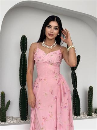 Lora Çiçekli Şifon Tasarım Elbise