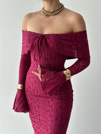 Lumina Dantel Kumaş Açık Omuz Uzun Elbise