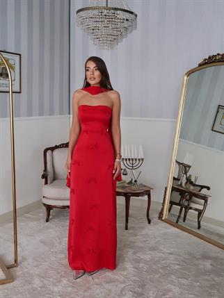 Nova Saten Şal Detay Uzun Elbise