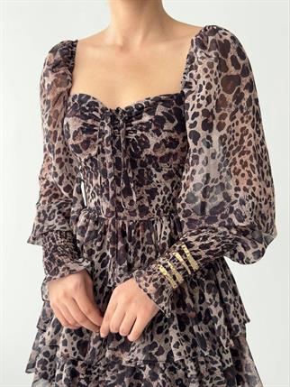 Savina Leopar Desen Volanlı Kalp Yaka Mini Elbise
