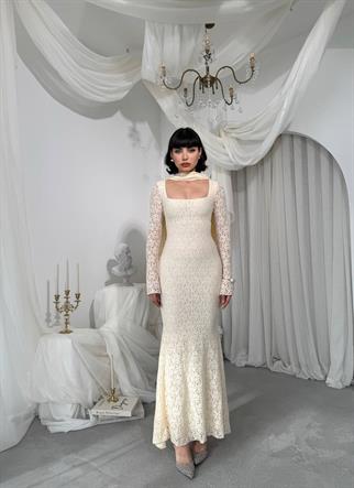 Olin Şallı Dantel Uzun Elbise