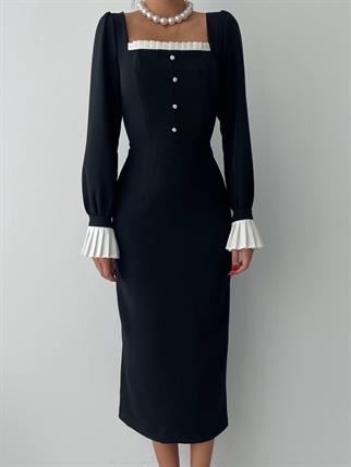 Kadın Tasarım Düğme Detay Manşet Kol Midi Elbise