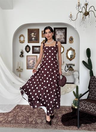 Melon Puantiyeli Midi Elbise