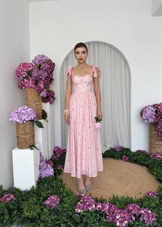 Kalın Askılı Pembe Çiçekli Larisse Elbise