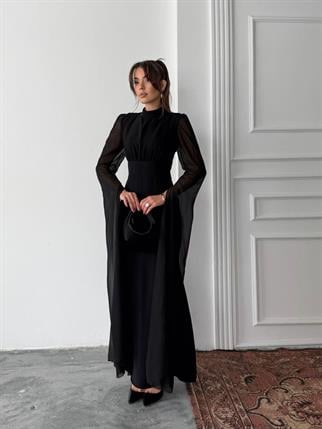 Karen Tül Kol Korsaj Bağlamalı Uzun Elbise