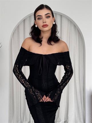 Lumina Dantel Kumaş Açık Omuz Uzun Elbise