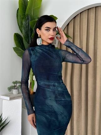 Mirena Tül Tasarım Uzun Kollu Midi Elbise 