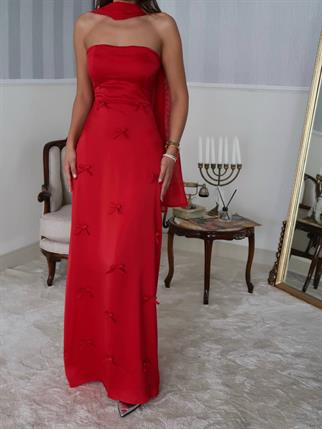 Nova Saten Şal Detay Uzun Elbise