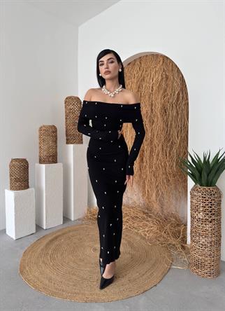 Marvella İnci Boncuk Detay Straplez Uzun Elbise