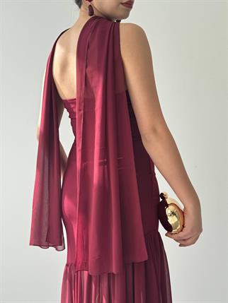 Manen Şal Detaylı Atlas Elbise