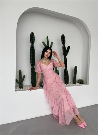 Lora Çiçekli Şifon Tasarım Elbise