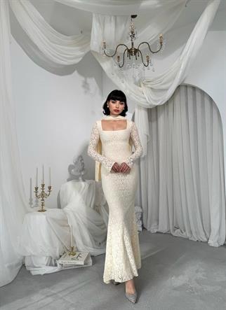 Olin Şallı Dantel Uzun Elbise