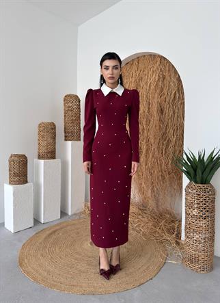 Perlina İnci Boncuk Detay Gömlek Yaka Uzun Elbise