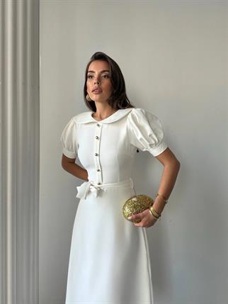 Bebe Yaka Gold Düğmeli Atlas Midi Elbise