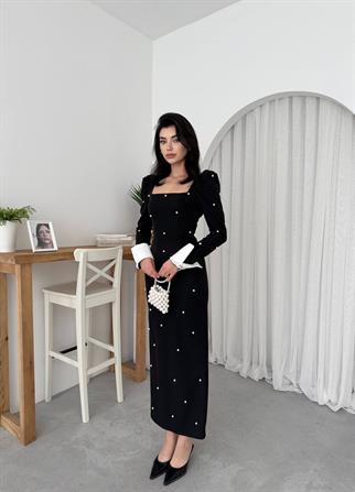 Aria İnci Taşlı Gömlek Kol Detay Uzun Elbise