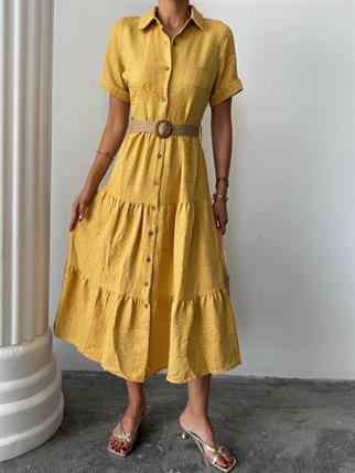 Sofya Keten Kemerli Midi Elbise