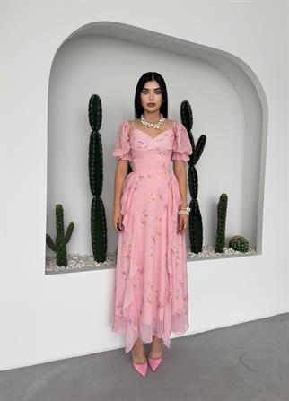 Lora Çiçekli Şifon Tasarım Elbise