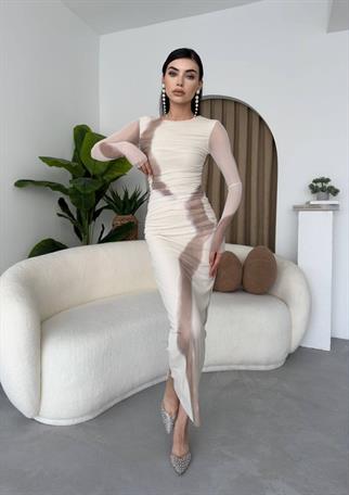 Nayra Tül Tasarım Uzun Kollu Midi Elbise