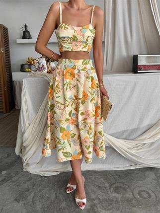 Dalia Çiçek Baskılı Keten Midi Elbise