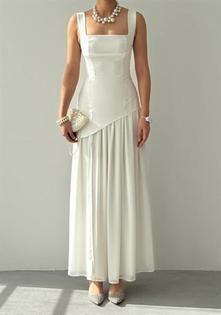 Hulos Yırtmaç Detaylı Atlas Şifon Elbise