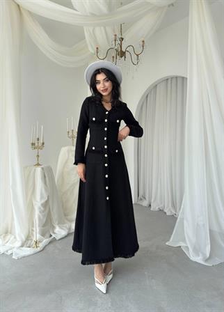 Fari Düğme Detaylı Uzun Elbise