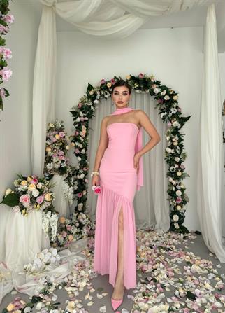 Manen Şal Detaylı Atlas Elbise