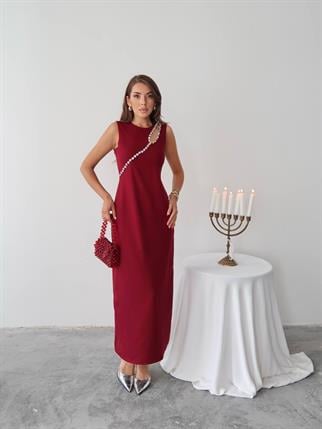 Mona Taş Detay Atlas Kumaş Uzun Elbise