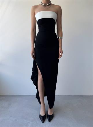 Straplez Yırtmaçlı Atlas Uzun Elbise