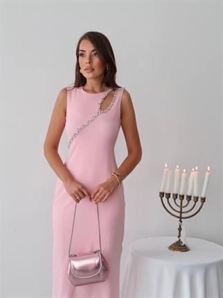 Mona Taş Detay Atlas Kumaş Uzun Elbise