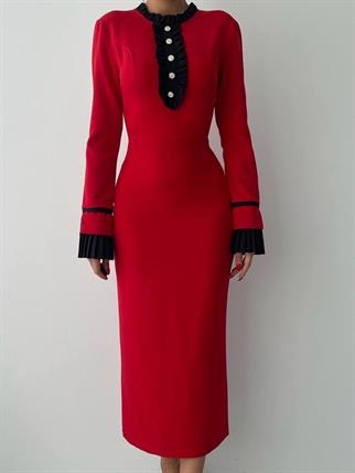 Ruby Fırfır Detay Manşet Kol Midi Elbise