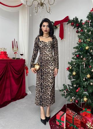 Kalp Yaka Uzun Leopar Elbise