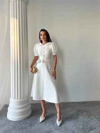 Bebe Yaka Gold Düğmeli Atlas Midi Elbise