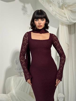 Olin Şallı Dantel Uzun Elbise