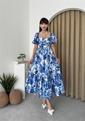 Balon Kol Kiloş Mavi Çiçekli Midi Elbise