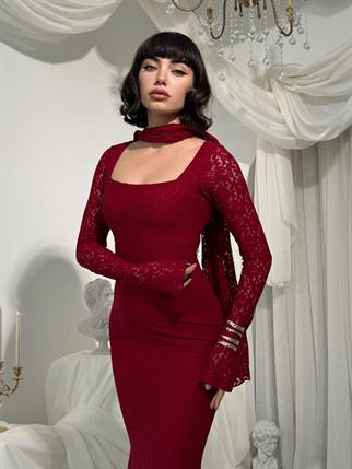 Olin Şallı Dantel Uzun Elbise